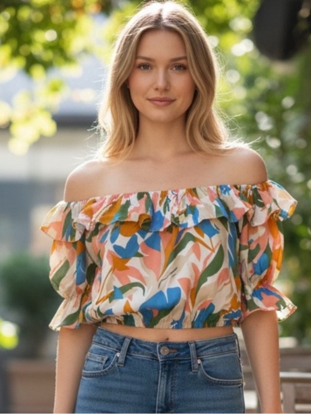 Kittenish Colorful Leafy Off Shoulder Top